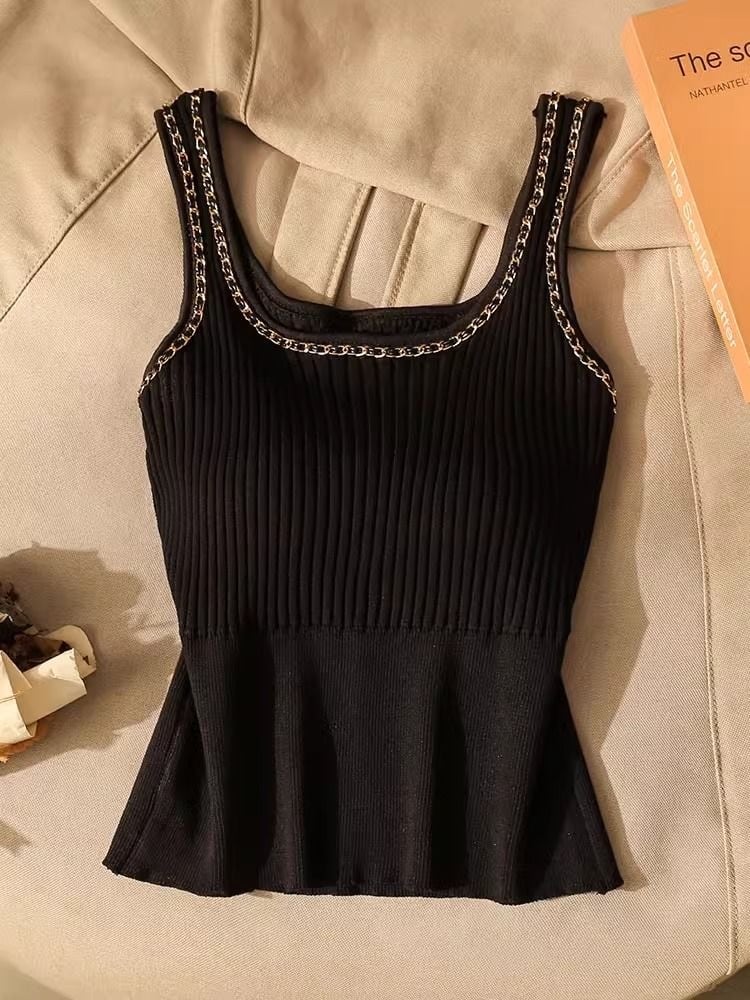 【tops】UネックノースリーブニットタンクトップF7314