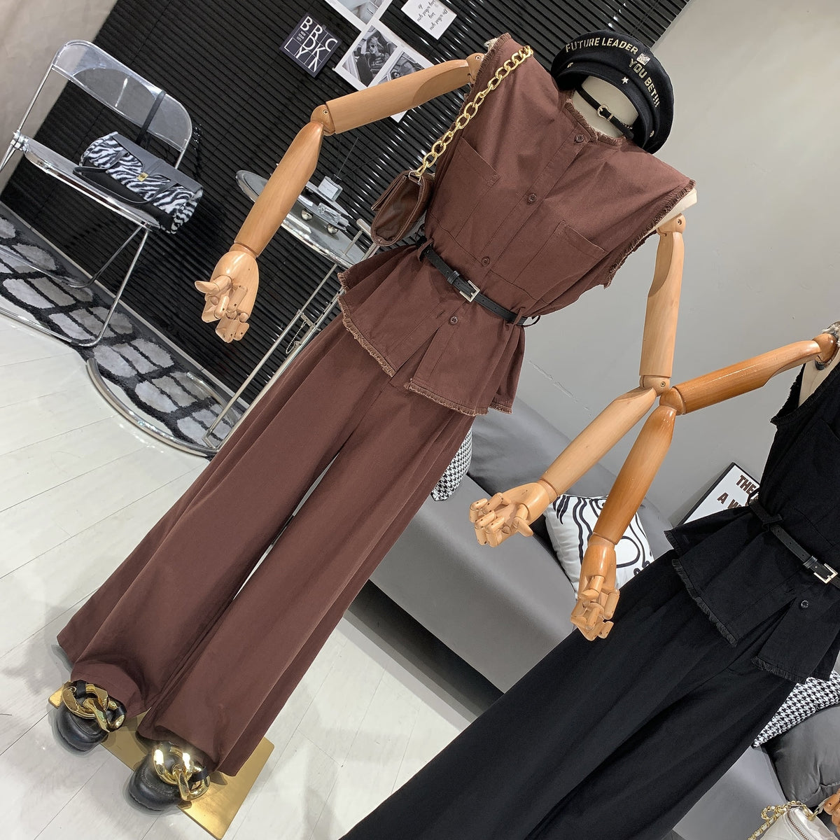 【set】ノースリーブトップス+ワイドパンツセットベルト付き　M24993