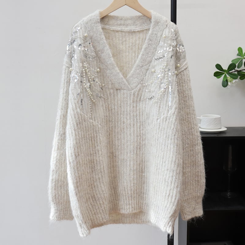 【tops】Vネックスパンコール付きニットトップス Q7436