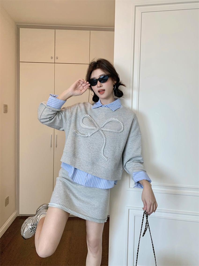【set】ストライプ柄シャツ×リボンプルオーバー×スカート3点セット    N2733