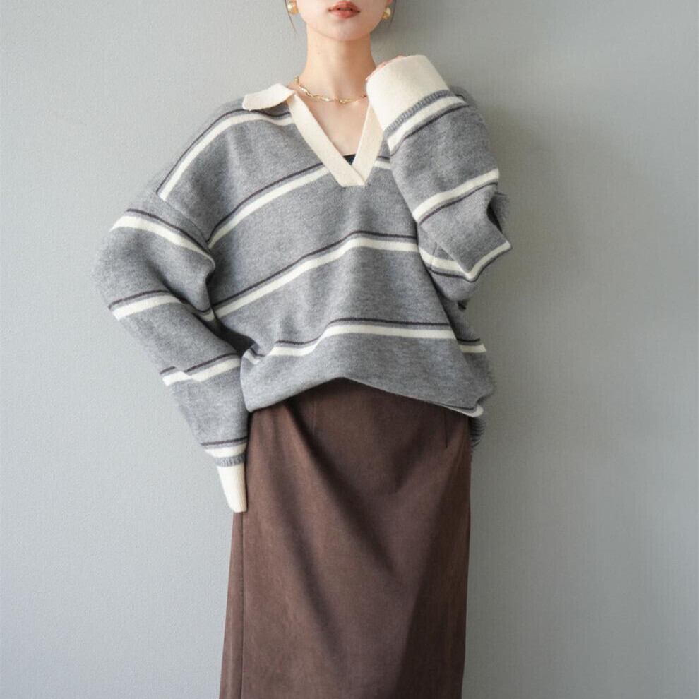 【tops】Ⅴネックボーダー柄ニットトップス N3430