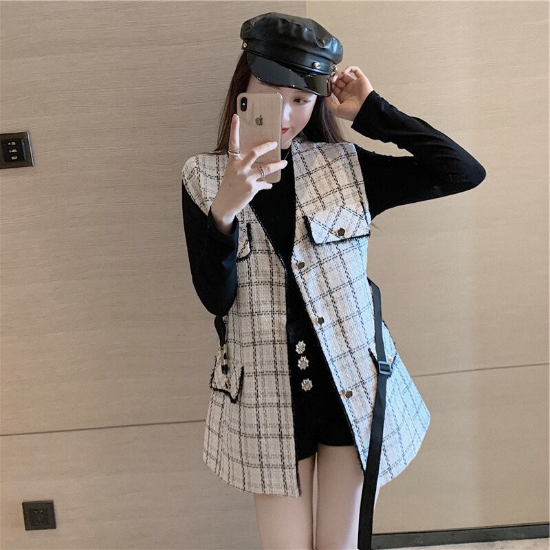 【set】オシャレ度満点〜無地着やせＴシャツ+チェック柄ベスト通勤日常ファッション2点セットF0782