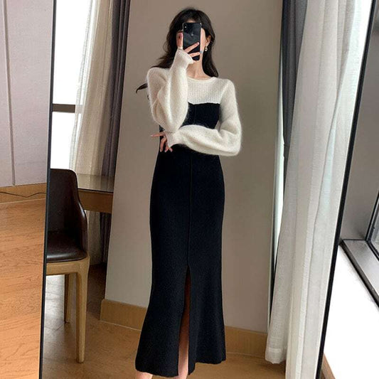 【dress】好感度UP!気質満点カラーマッチングレトロスリット着痩せニットワンピース G3908