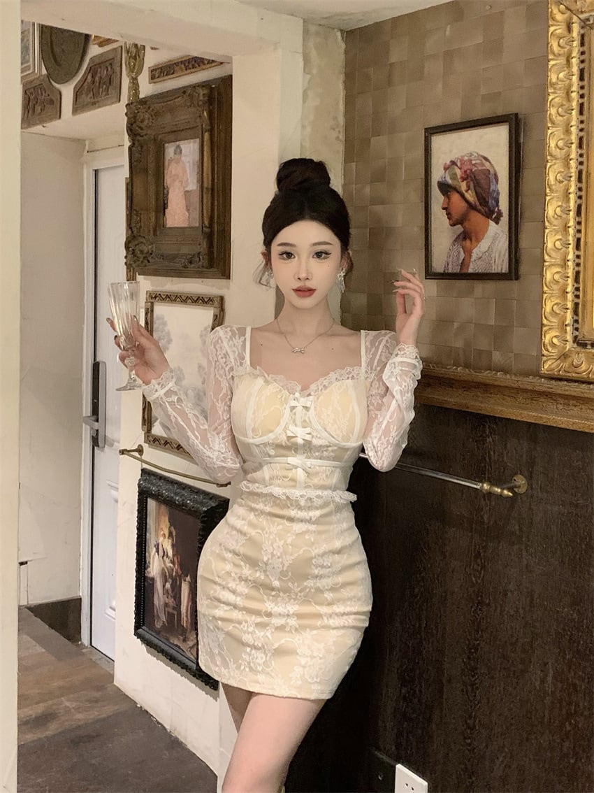 【dress】リボン付きレース切り替えワンピース　M26395