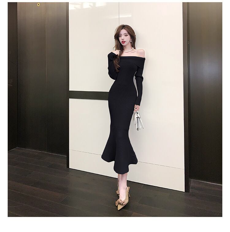 【dress】オフショルダーマーメイドニットワンピース　M17904