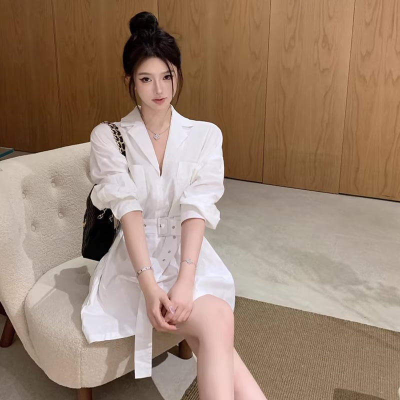 【dress】ベルト付きミニシャツワンピース Q8383
