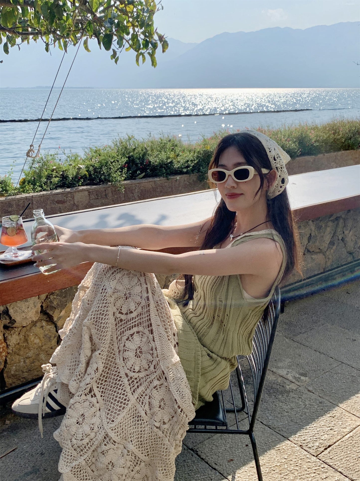 【set】ニットベスト+レース透かし彫りスカート２点セットG21099