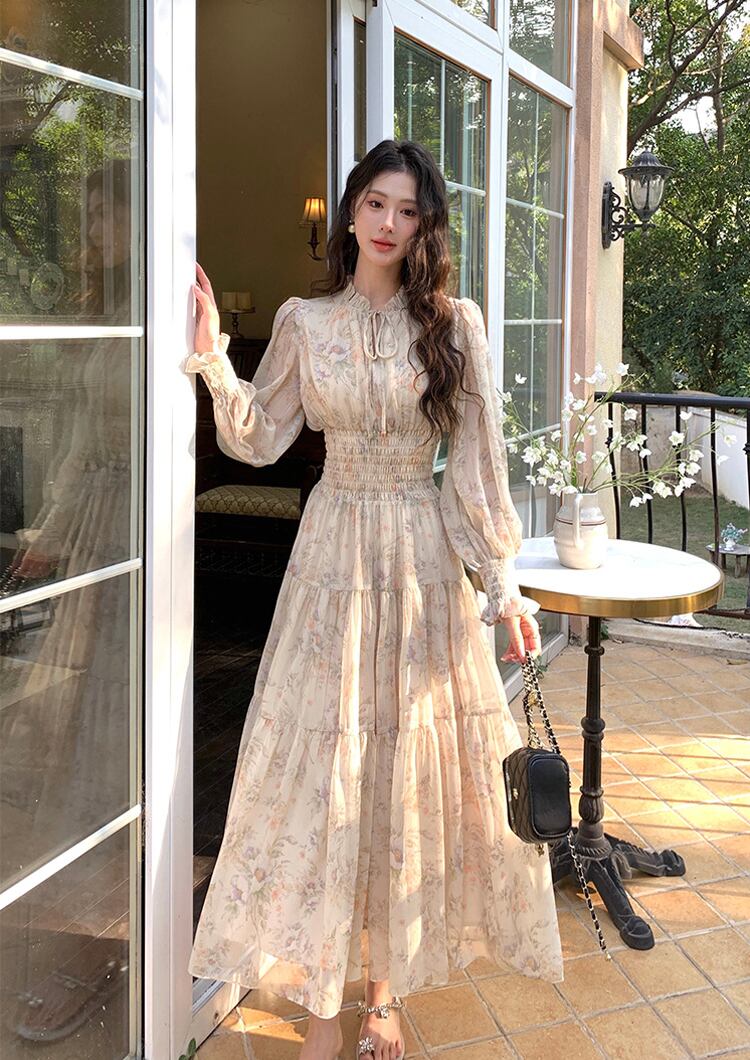 【dress】フラワー柄シフォンAラインロングワンピース Q7978