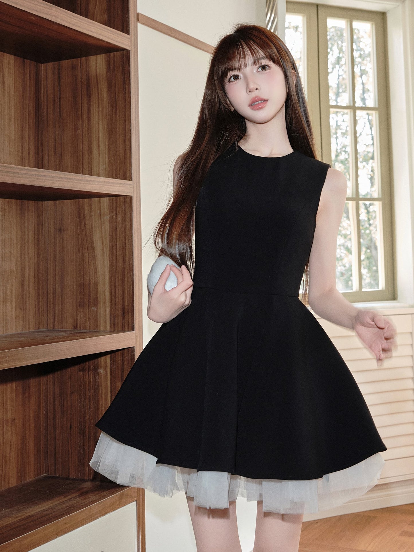 【dress】チュールドッキングノースリーブワンピース　N3093