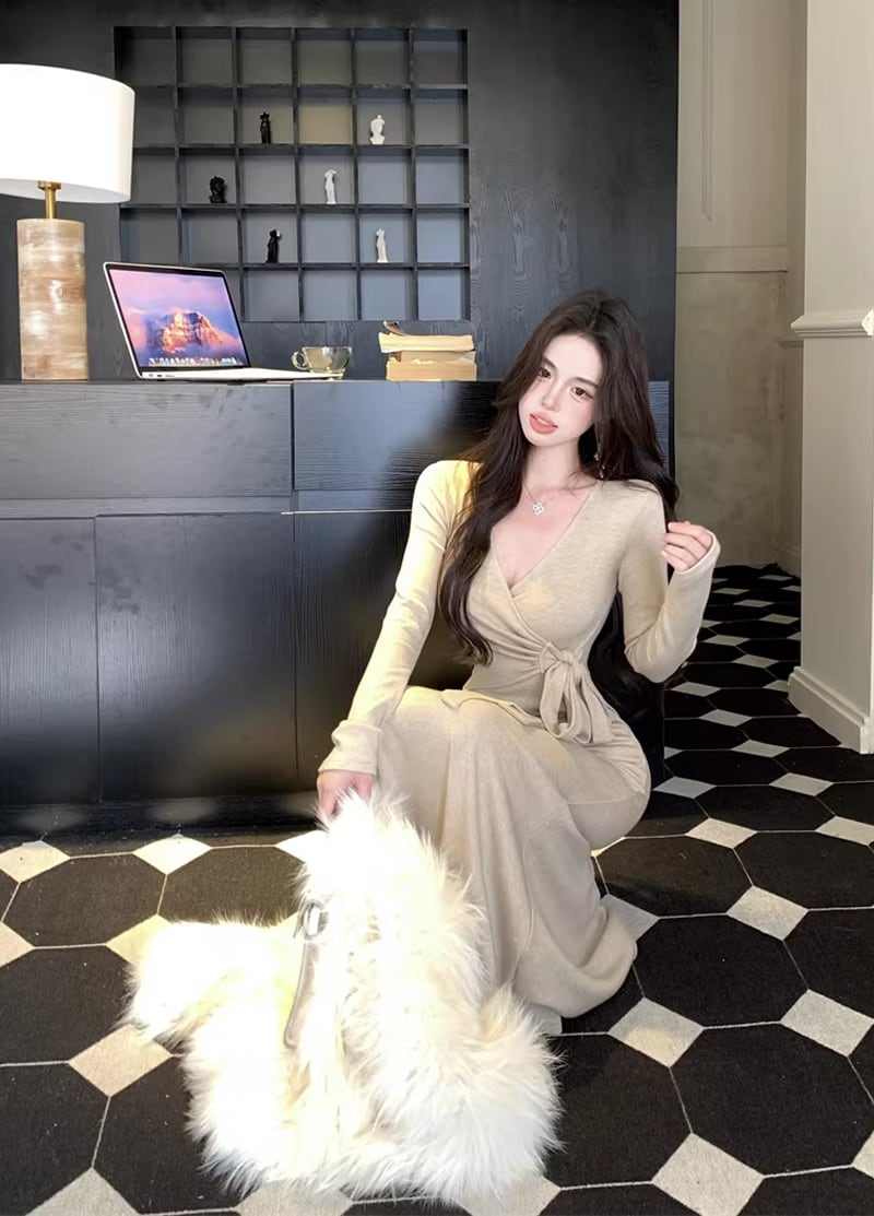 【dress】クロスネックロングニットワンピース Q8113