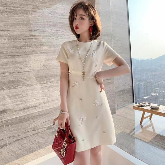 【dress】美感いっぱいラウンドネック半袖無地ビーズ飾り披露宴二次会韓国ファッションワンピースF2186