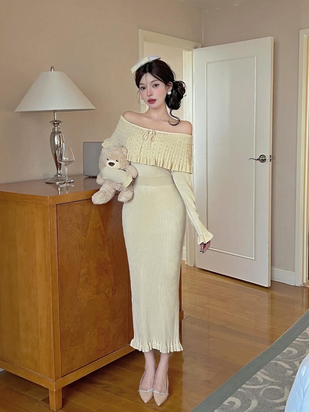 【dress】ラバティンカラーニットワンピース Q7046