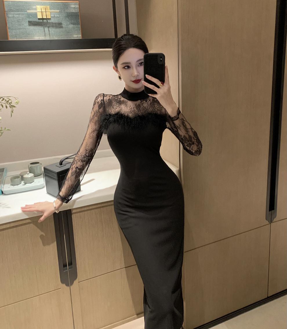 【dress】透け感フェイクファーデートワンピース　N2397