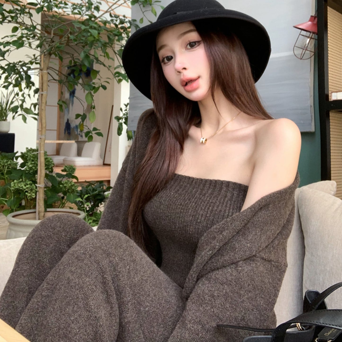【set】ロング丈カーディガン×ベアトップ×ワイドパンツ3点セット　N3329
