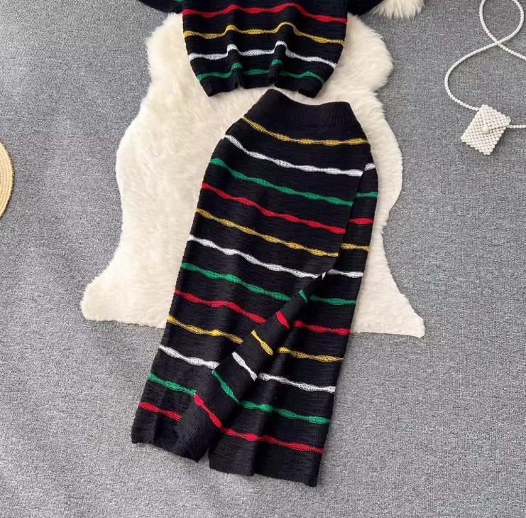 【set】ボーダー柄Ｔシャツ+スカート2点セットF7522