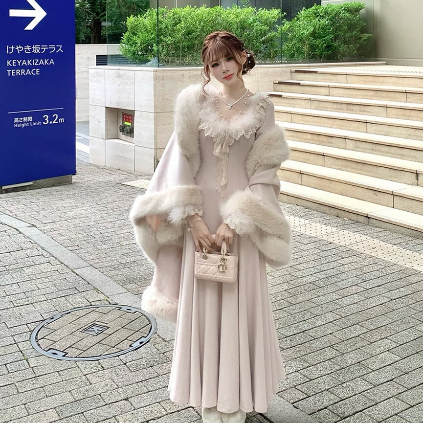 【dress】ファーレースドッキングニットワンピース　N3464