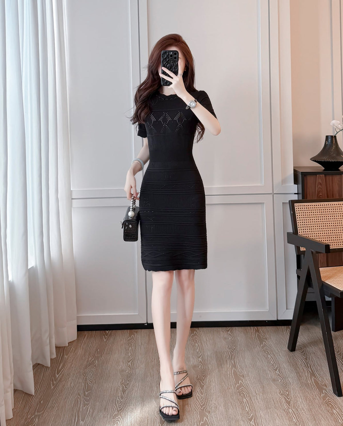 【dress】半袖透かし編みニットワンピース Q8492
