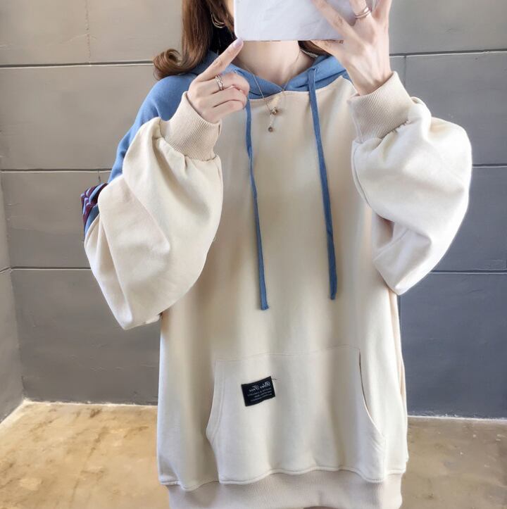 【tops】韓国ファッション長袖フード付き配色ゆったりカジュアルパーカーW0368