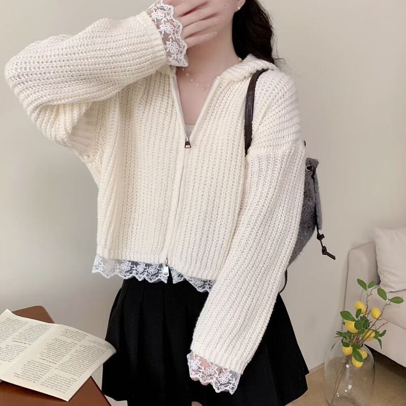 【outer】フード付きレースドッキングニットカーディガン Q7433