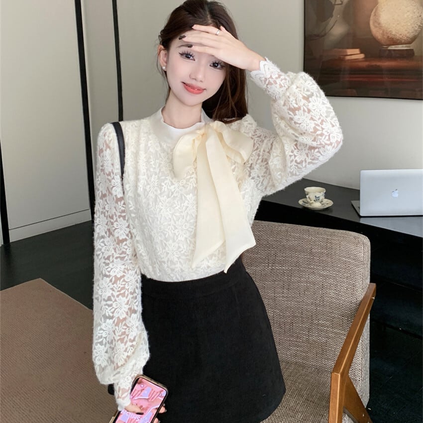 【tops】リボン付き裹起毛レーストップス　M28380