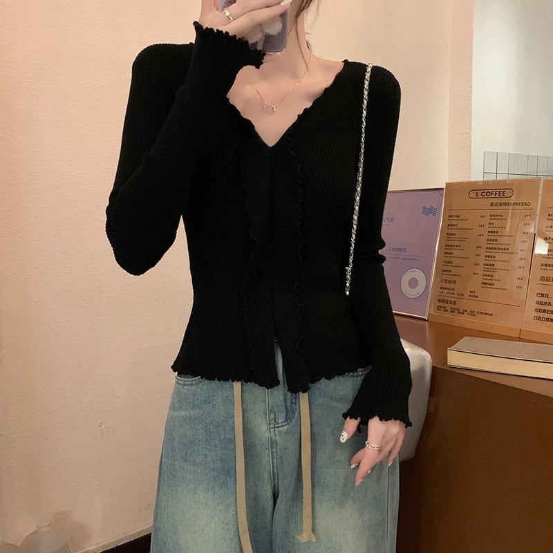 【tops】Vネックフリルニットトップス　M18839