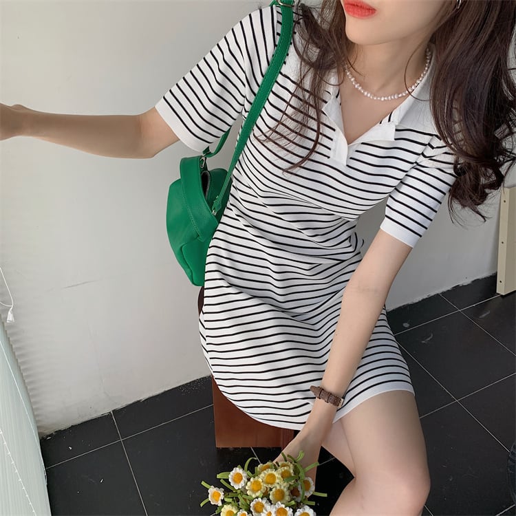 【dress】韓国風スウィートVネック着痩せストライプ柄ニットワンピース G0210