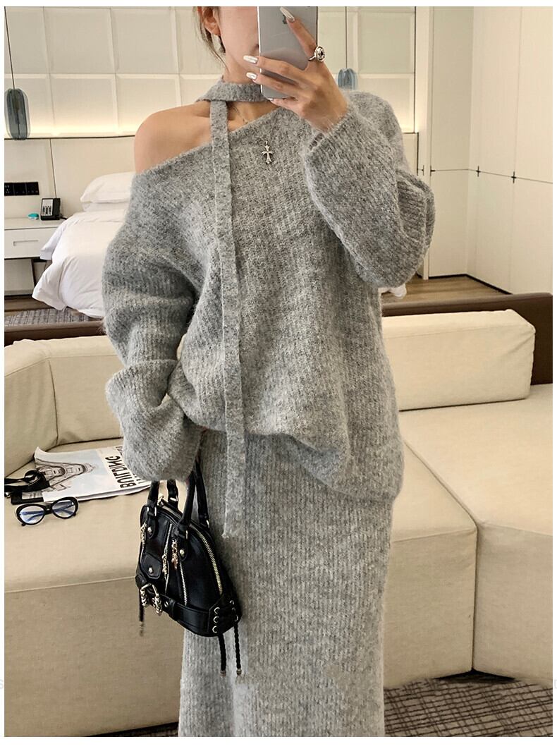 【set】チョーカー付ニットトップス×ロングスカートセット　N2774