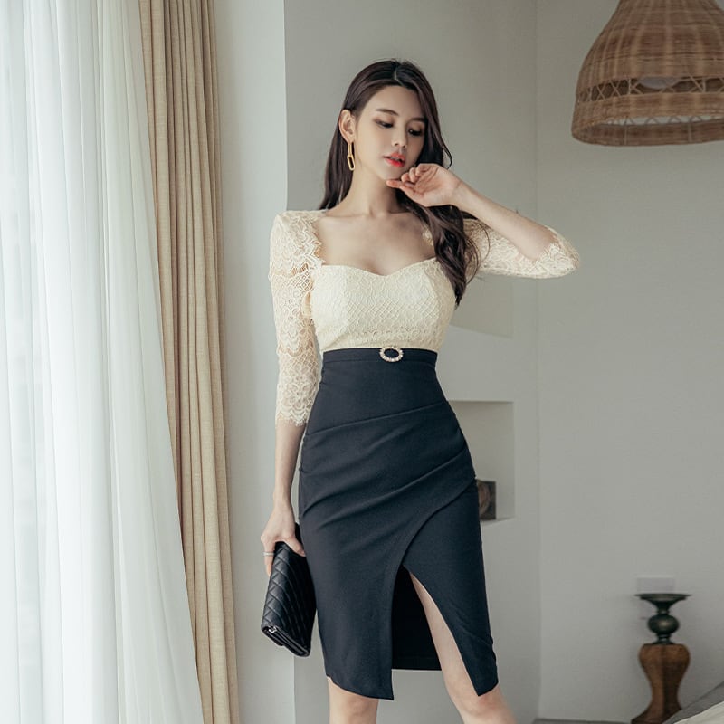 【dress】レース切り替えワンピース　M25400