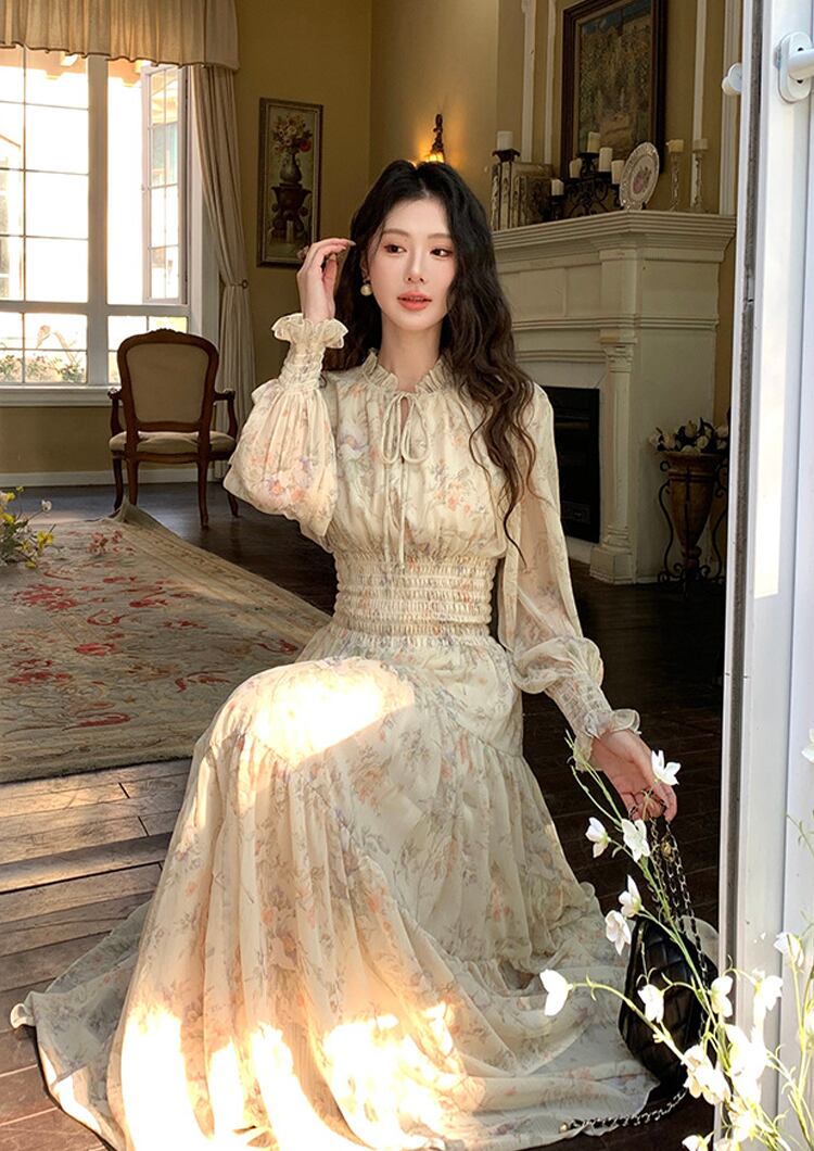 【dress】フラワー柄シフォンAラインロングワンピース Q7978