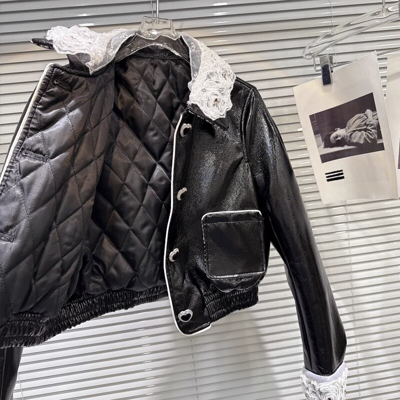 【outer】レースドッキングPU中綿ジャケット Q7336