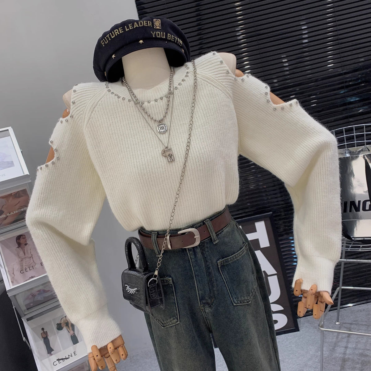 【tops】オフショルダーニットセーター　M19112
