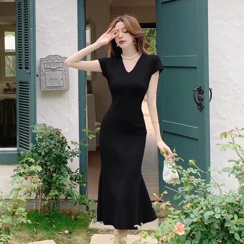 【dress】VネックマーメイドニットワンピースF7441