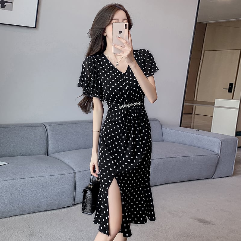 【dress】フランス風体型カバードット柄スリットワンピース G15210