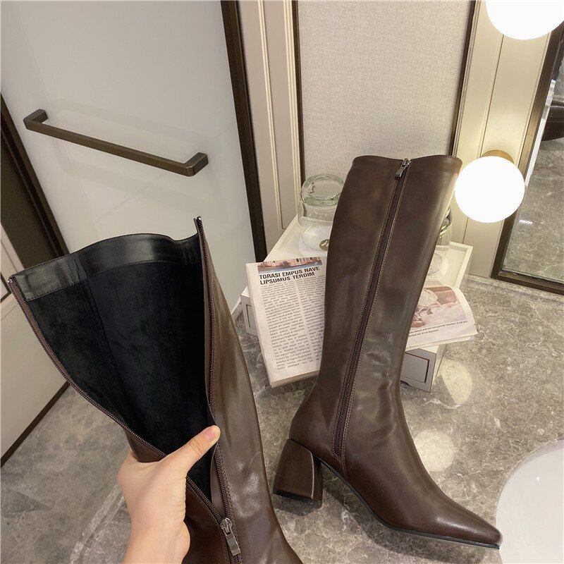 【shoes】店長推薦3色秋冬定番ロングブーツ美脚OL通勤宴会レトロスクエアトゥ履きやすいレディースチャンキーヒールブーツF1216