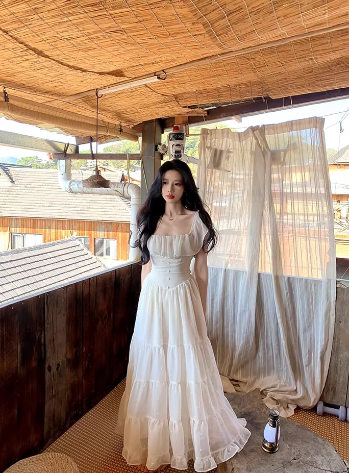 【dress】バックオーポンフリルロングワンピース Q8454