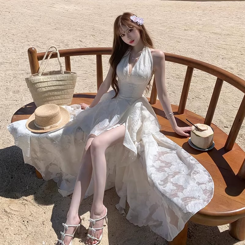 【dress】ホルターネックレースイレヘムワンピース Q8412