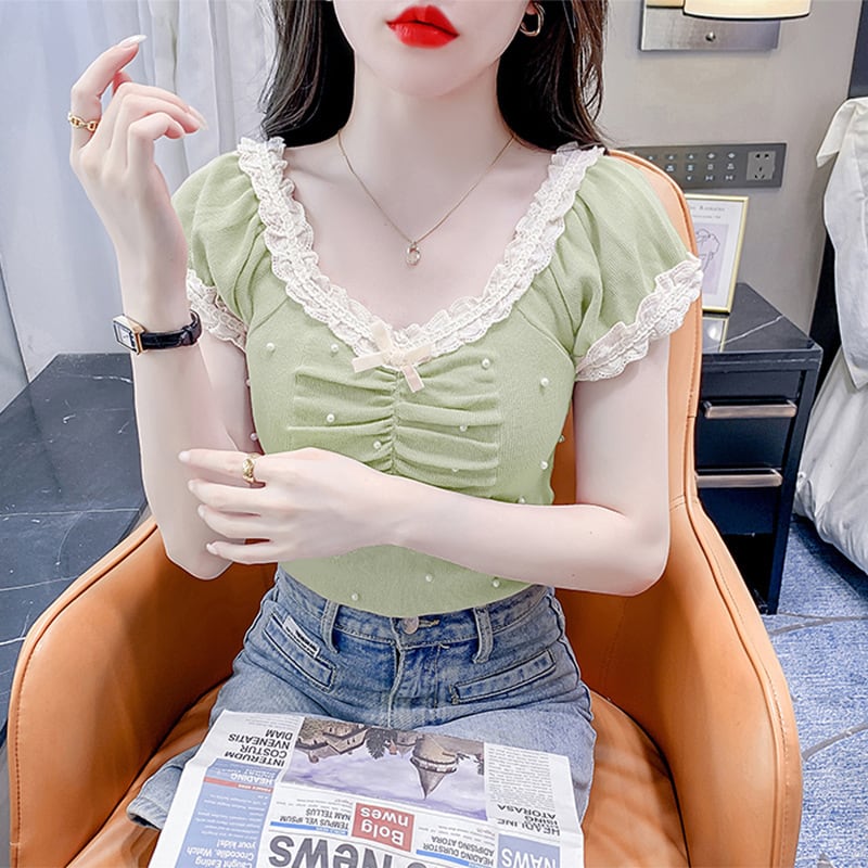 【tops】レース切り替えTシャツ　M24061