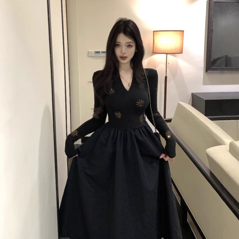 【dress】Ｖネックロングワンピース Q7113
