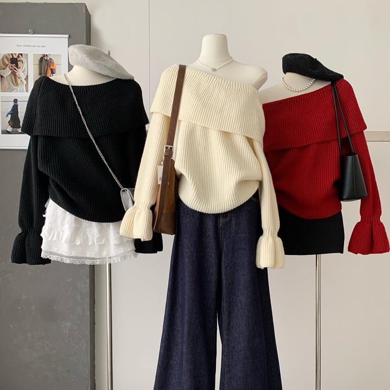 【tops】オフショルダーラペルニットトップス Q7643