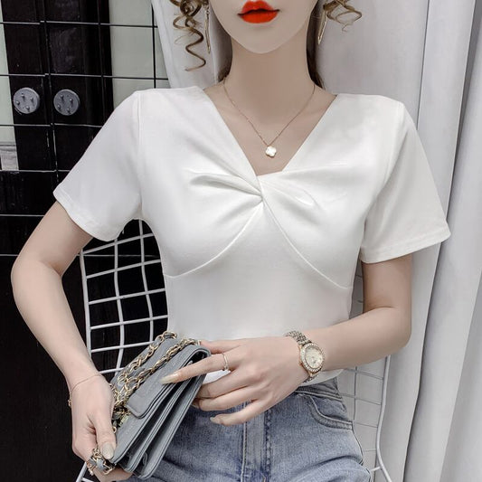 【tops】2色Vネック半袖ファッション無地着回しブラウスF0154