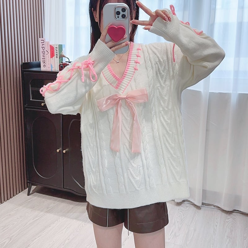 【tops】リボン付きレースアップニットセーター　N2714