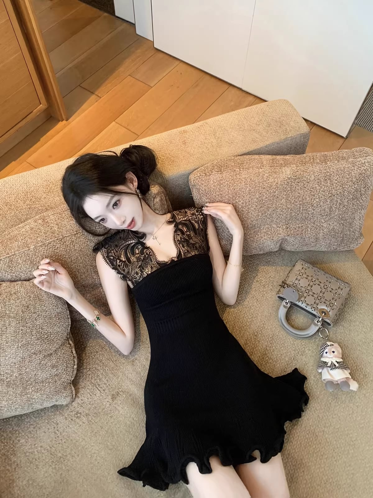 【dress】ノースリーブレースドッキングミニワンピース Q8469