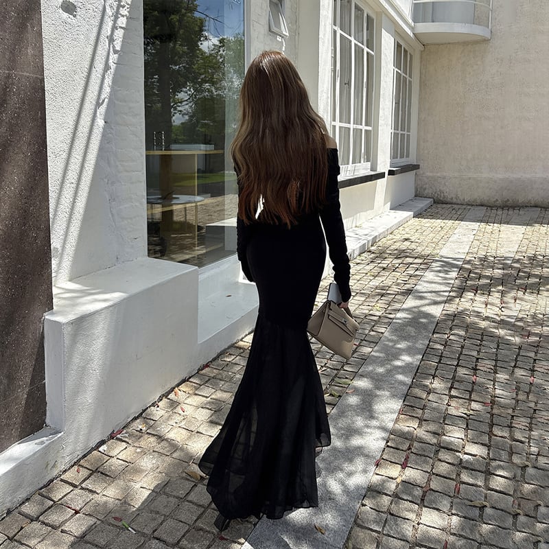 【dress】オフショルドッキングマーメイドワンピース Q6925
