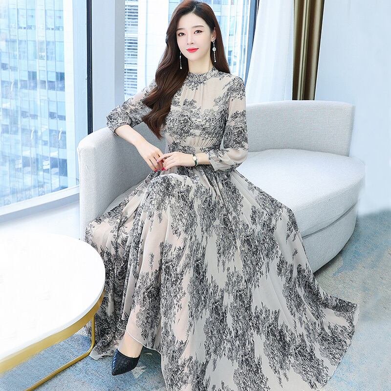 【dress】今季トレンド7分袖ウェスト絞りギャザー海旅行花柄配色大振り子シフォンロング丈ワンピースF1732