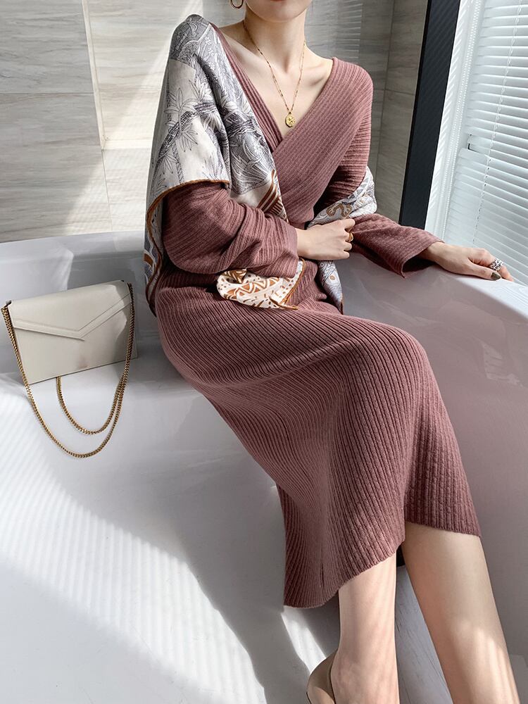 【dress】好感度UP韓国ファッション秋冬新作Vネック長袖無地体型カバーニットワンピースF1158