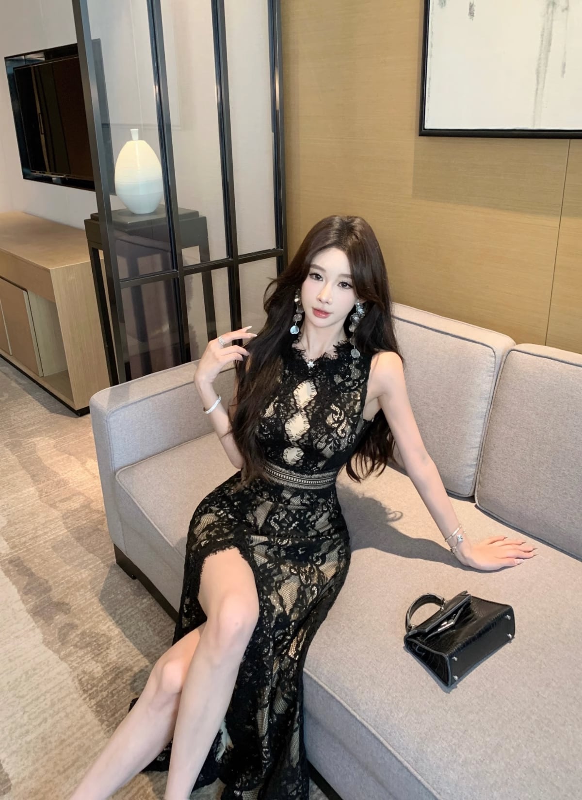 【dress】バックオープンスリットレースワンピース　M32516