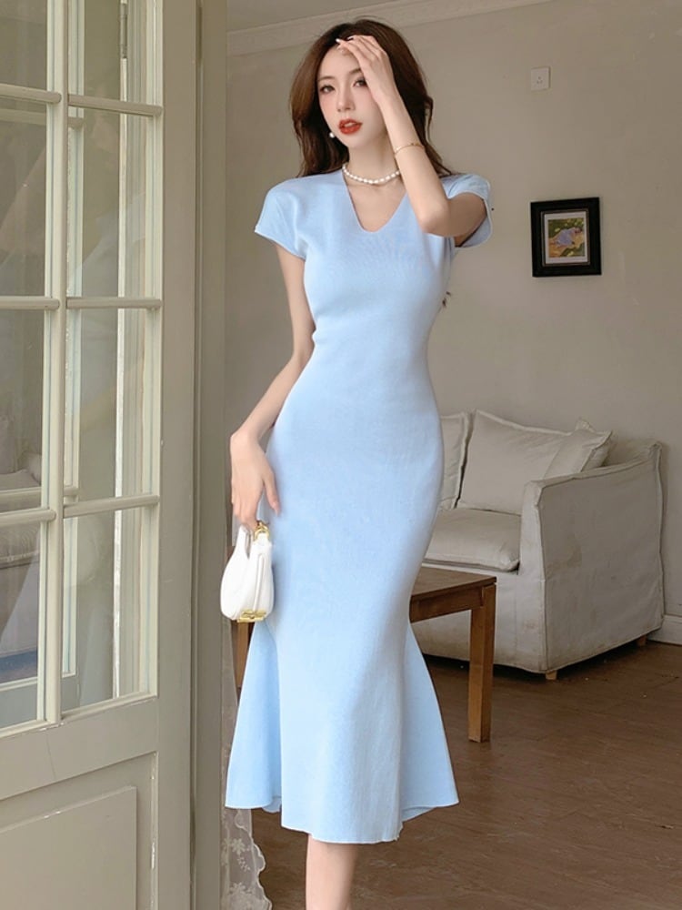 【dress】VネックマーメイドニットワンピースF7441