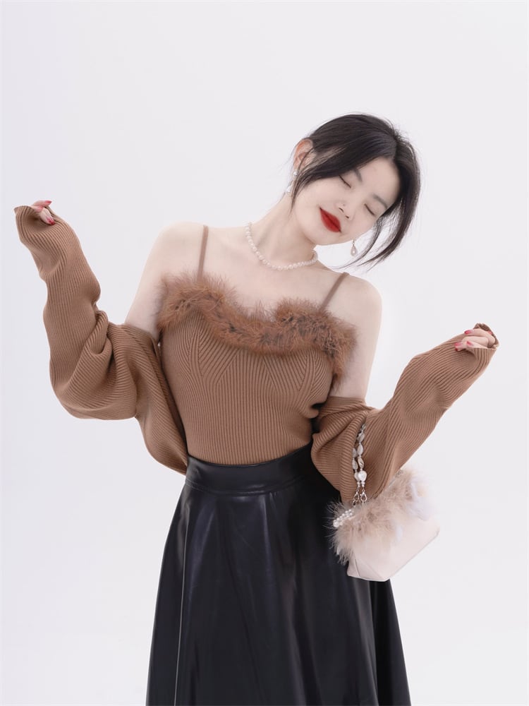 【tops】フェイクファーキャミソール×カーディガンセット　N2128