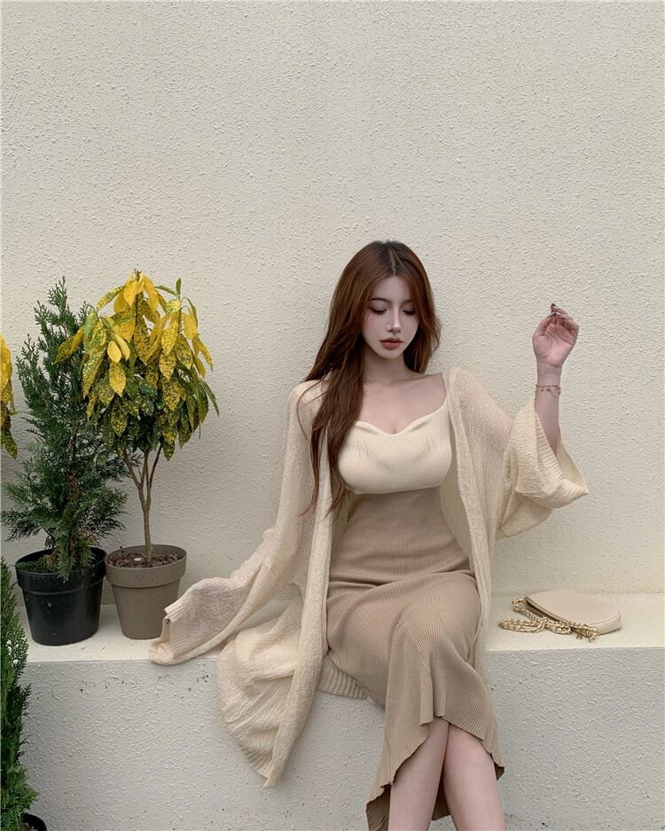 【set】好感度UP!気質満点セクシーカーディガン+キャミワンピースオシャレ２点セット G3383