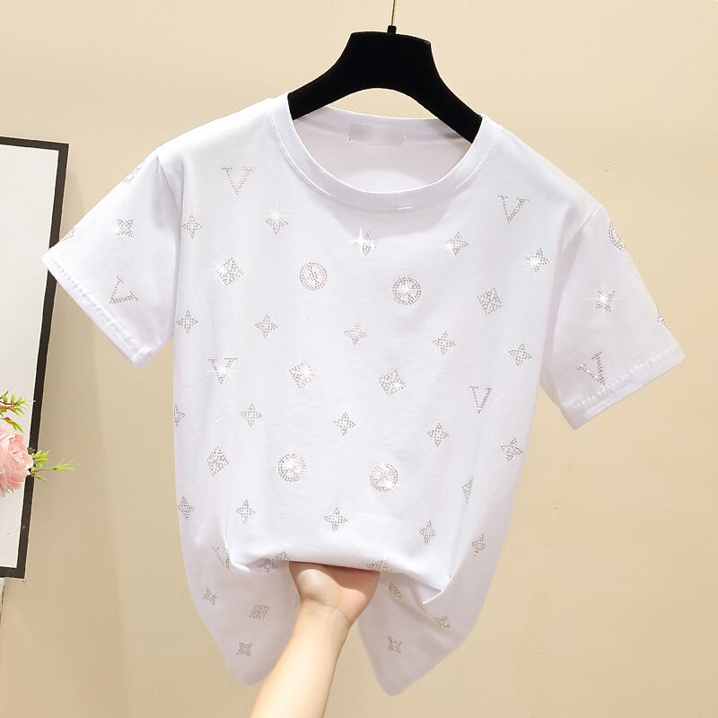 【tops】オシャレ度満点〜夏新作2色ラウンドネック半袖韓国ファッション人気着回しTシャツF2769